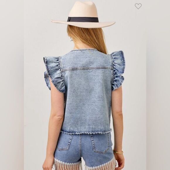 800. RHINESTONE DENIM VEST RUFFLE SLEEVE - Picture 5 of 10